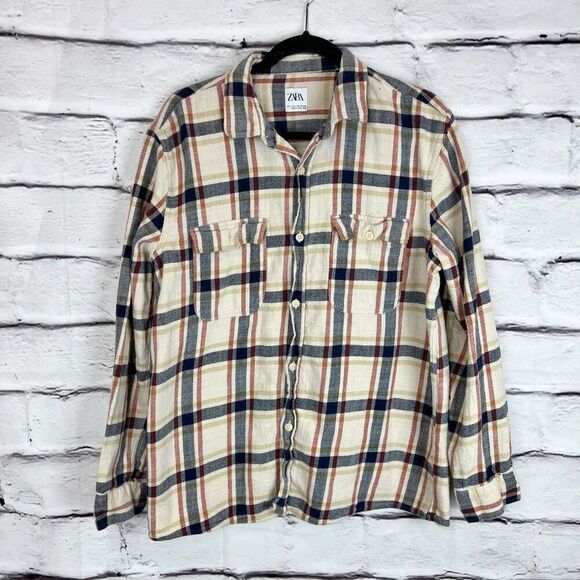 Zara Men's Plaid Flannel Button-Down Shirt Multicolor Size L - Picture 2 of 7